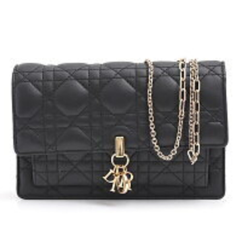 Christian Dior Cannage Chain Wallet Calfskin Black
